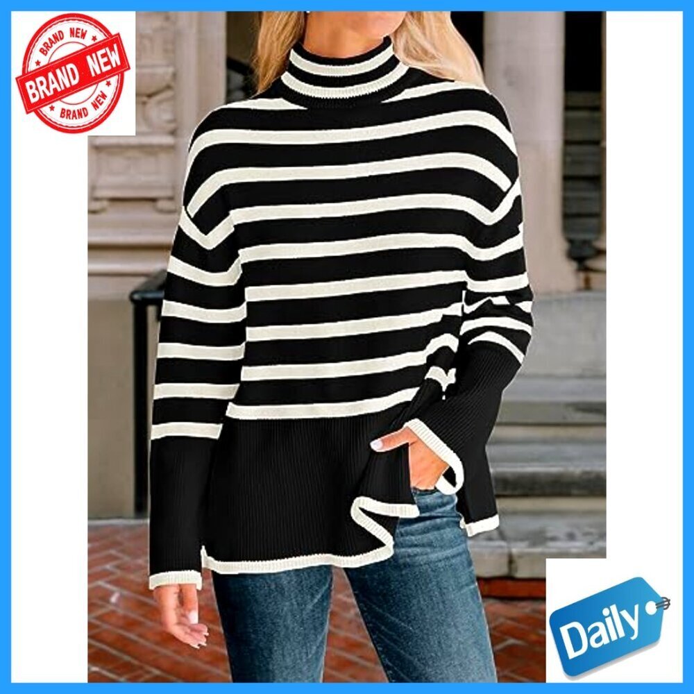 Oversized Turtleneck Pullover Sweater Striped Side Slit Long Sleeve Loose Fit - Picture 2 of 7